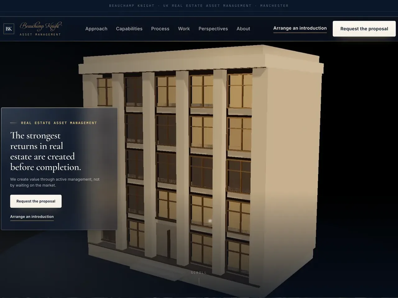 Beauchamp Knight · navy and bronze site with real-time 3D architectural hero