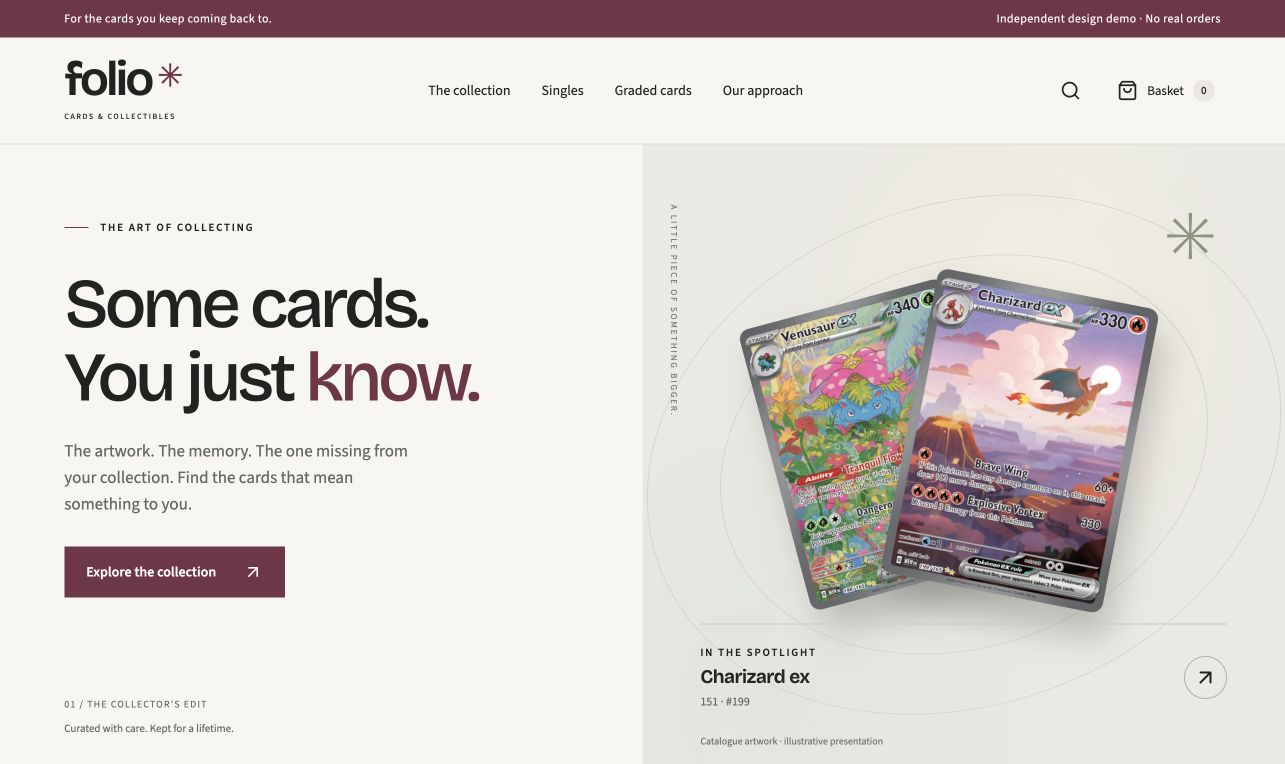 Folio Cards: a light collector’s storefront with Charizard and Venusaur cards, precise typography and a curated product collection