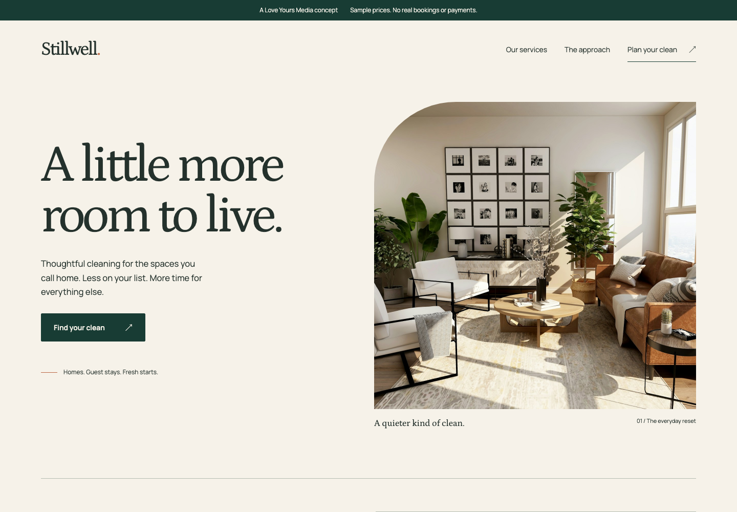 Stillwell: a warm editorial cleaning-service concept with forest-green typography and a light-filled living room