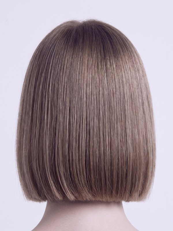 Back view of a precision blunt bob with a sharp line at the jaw.